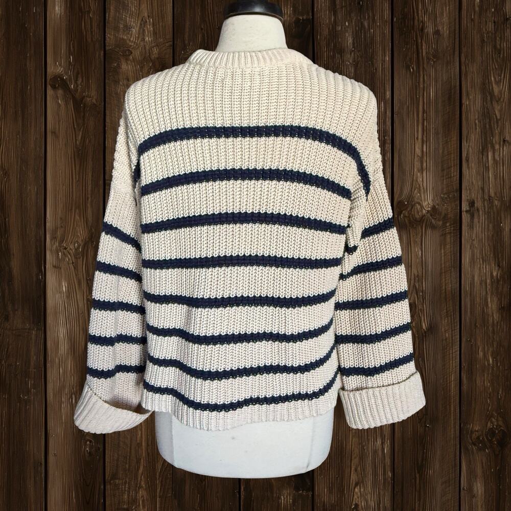 525 America Sweater Striped Cropped‎ Oversize 43" Bust XS 100% Cotton Cream Navy - Picture 4 of 10
